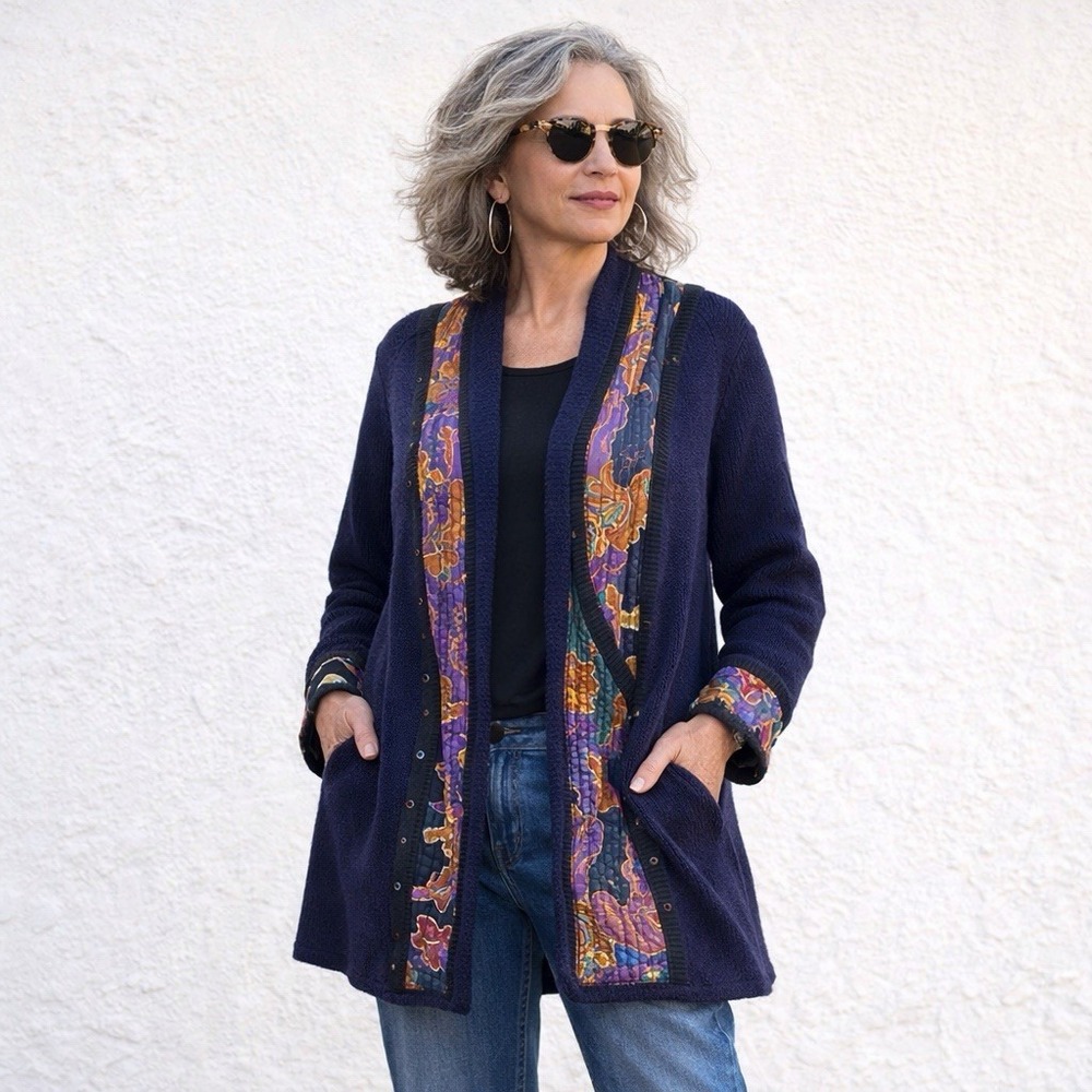 Koos of Course‎ Lagenlook Cardigan Women L Navy Open Front Floral Artsy Boho - Picture 2 of 7